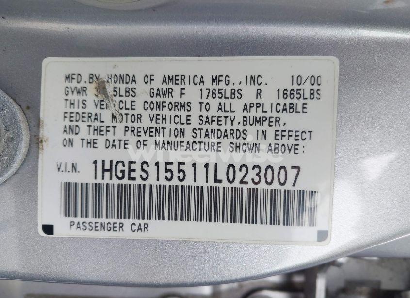 Photo 9 of 2001 Honda Civic LX (VIN 1HGES15511L023007)