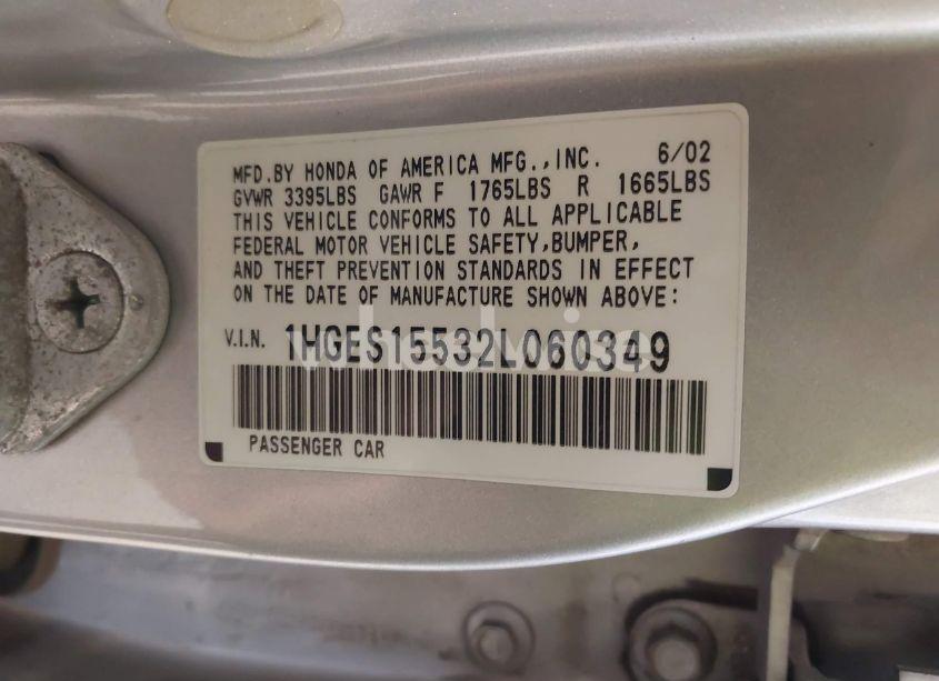 Photo 9 of 2002 Honda Civic LX (VIN 1HGES15532L060349)