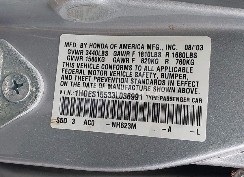 Photo 9 of 2003 Honda Civic LX (VIN 1HGES15533L036991)