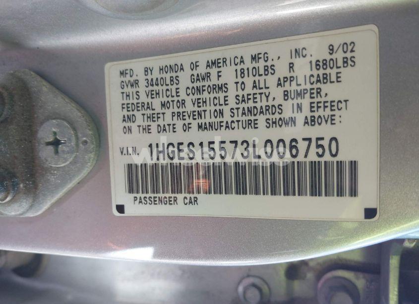Photo 9 of 2003 Honda Civic LX (VIN 1HGES15573L006750)