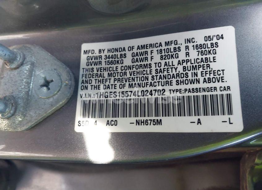 Photo 9 of 2004 Honda Civic LX (VIN 1HGES15574L024702)