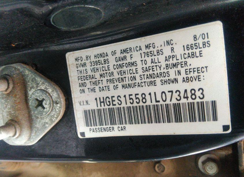 Photo 9 of 2001 Honda Civic LX (VIN 1HGES15581L073483)