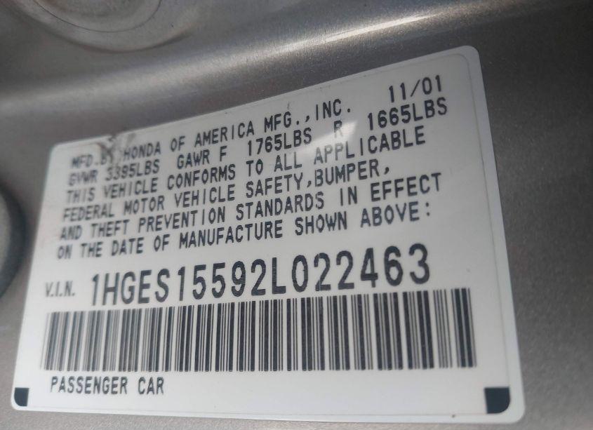 Photo 9 of 2002 Honda Civic LX (VIN 1HGES15592L022463)