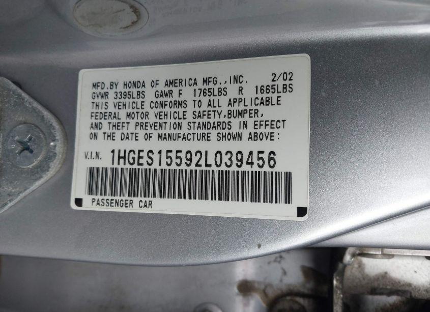 Photo 9 of 2002 Honda Civic LX (VIN 1HGES15592L039456)