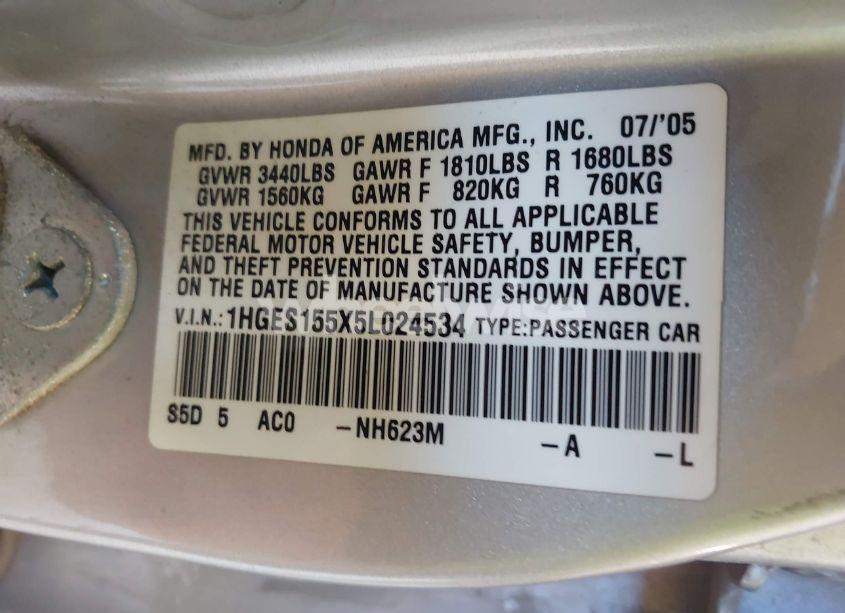 Photo 9 of 2005 Honda Civic LX (VIN 1HGES155X5L024534)