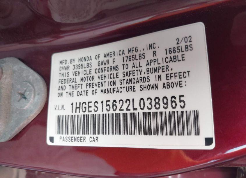 Photo 9 of 2002 Honda Civic LX (VIN 1HGES15622L038965)