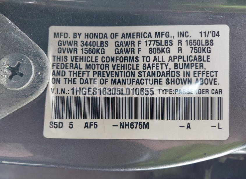 Photo 9 of 2005 Honda Civic VP (VIN 1HGES16305L010655)
