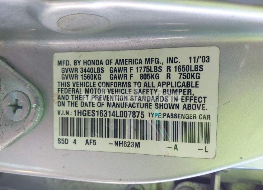 Photo 9 of 2004 Honda Civic VP (VIN 1HGES16314L007875)