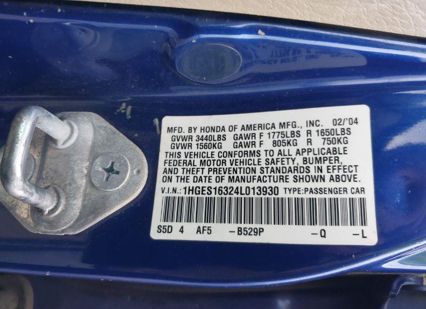 Photo 9 of 2004 Honda Civic VP (VIN 1HGES16324L013930)