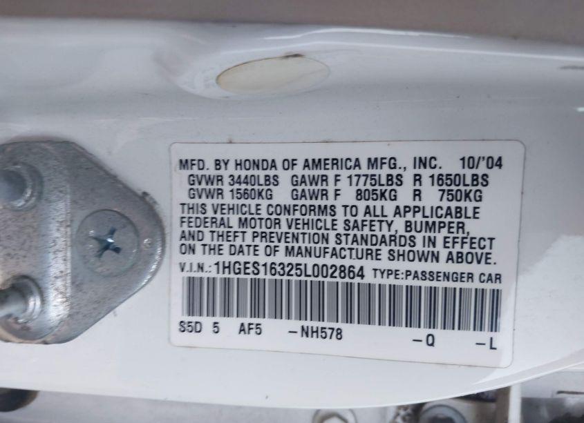 Photo 9 of 2005 Honda Civic DX VP (VIN 1HGES16325L002864)