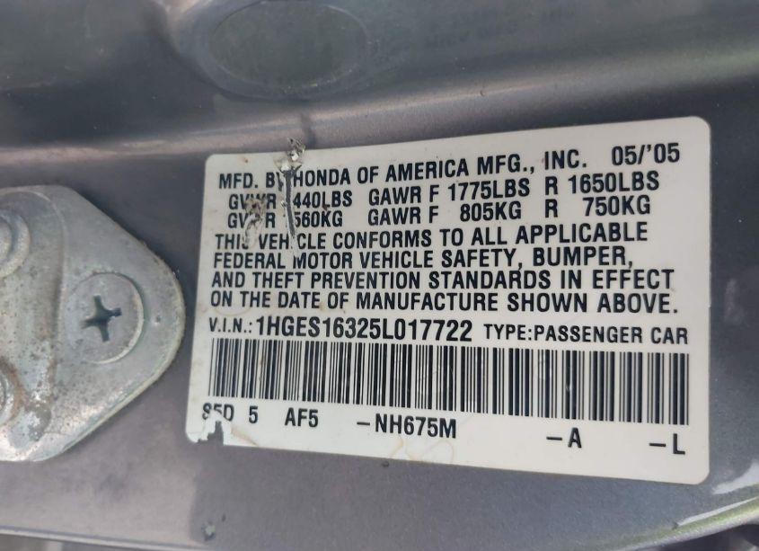 Photo 9 of 2005 Honda Civic VP (VIN 1HGES16325L017722)