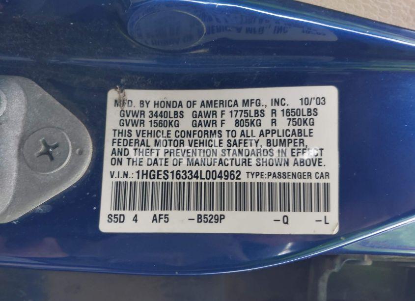 Photo 9 of 2004 Honda Civic VP (VIN 1HGES16334L004962)