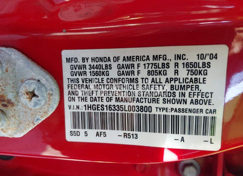 Photo 9 of 2005 Honda Civic VP (VIN 1HGES16335L003800)