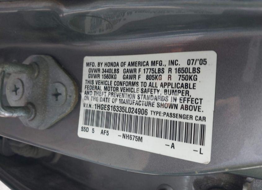 Photo 9 of 2005 Honda Civic VP (VIN 1HGES16335L024906)