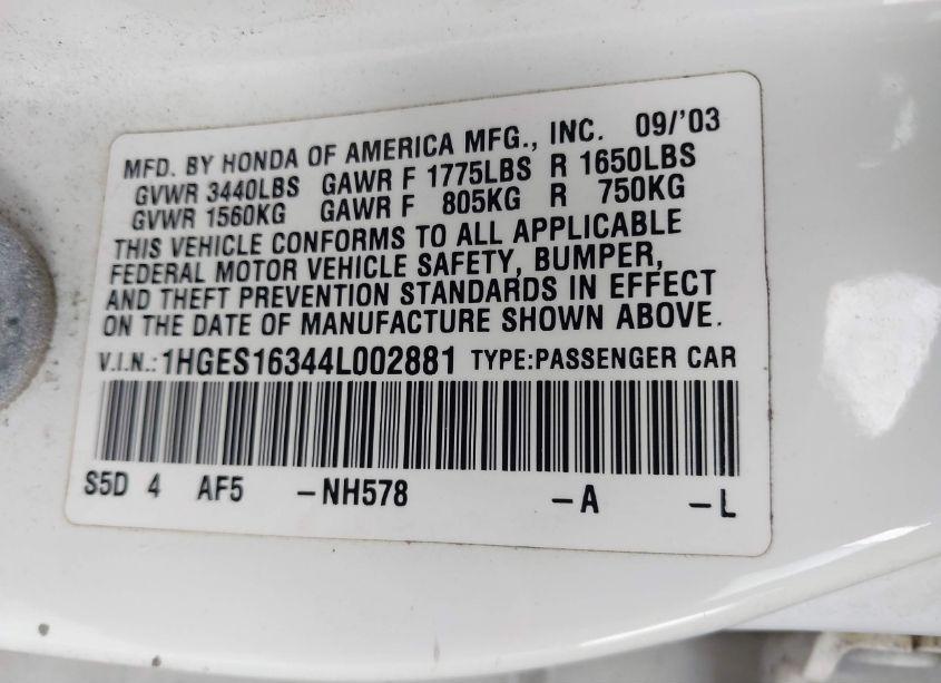 Photo 9 of 2004 Honda Civic VP (VIN 1HGES16344L002881)