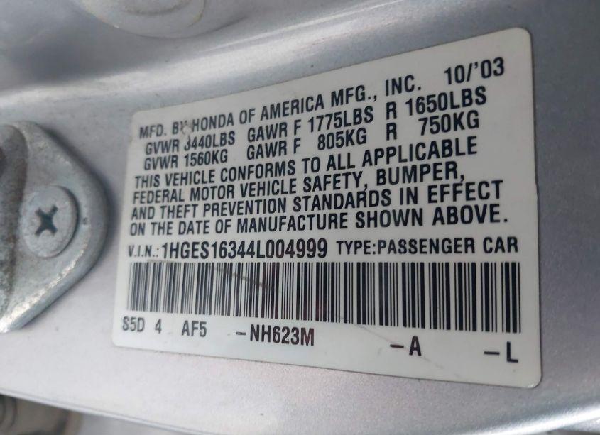 Photo 9 of 2004 Honda Civic VP (VIN 1HGES16344L004999)
