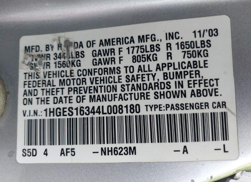 Photo 9 of 2004 Honda Civic VP (VIN 1HGES16344L008180)