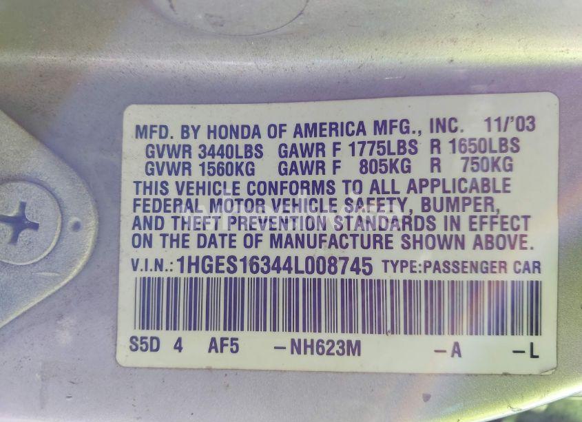 Photo 9 of 2004 Honda Civic VP (VIN 1HGES16344L008745)