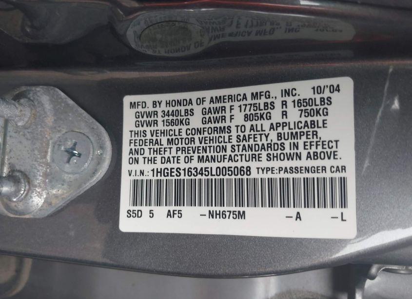 Photo 9 of 2005 Honda Civic VP (VIN 1HGES16345L005068)