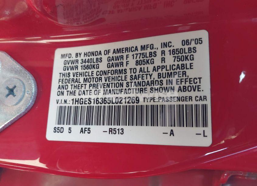 Photo 9 of 2005 Honda Civic VP (VIN 1HGES16365L021269)