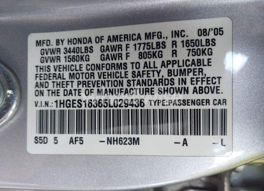 Photo 9 of 2005 Honda Civic VP (VIN 1HGES16365L029436)