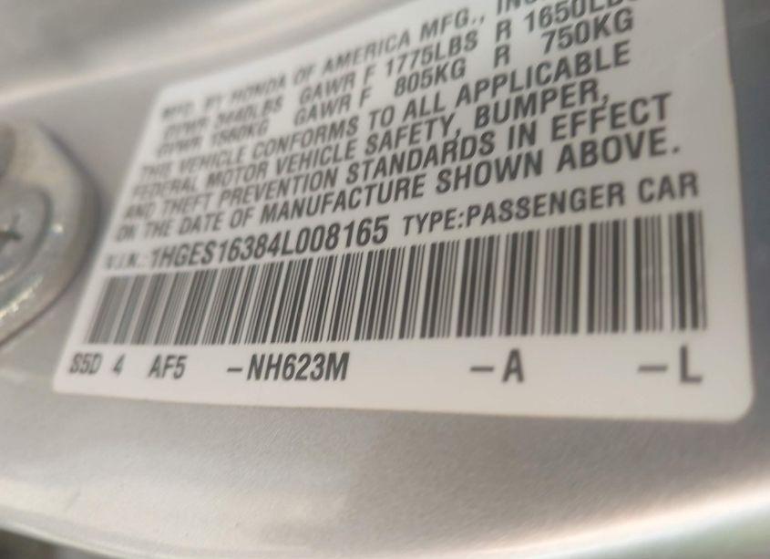 Photo 9 of 2004 Honda Civic VP (VIN 1HGES16384L008165)