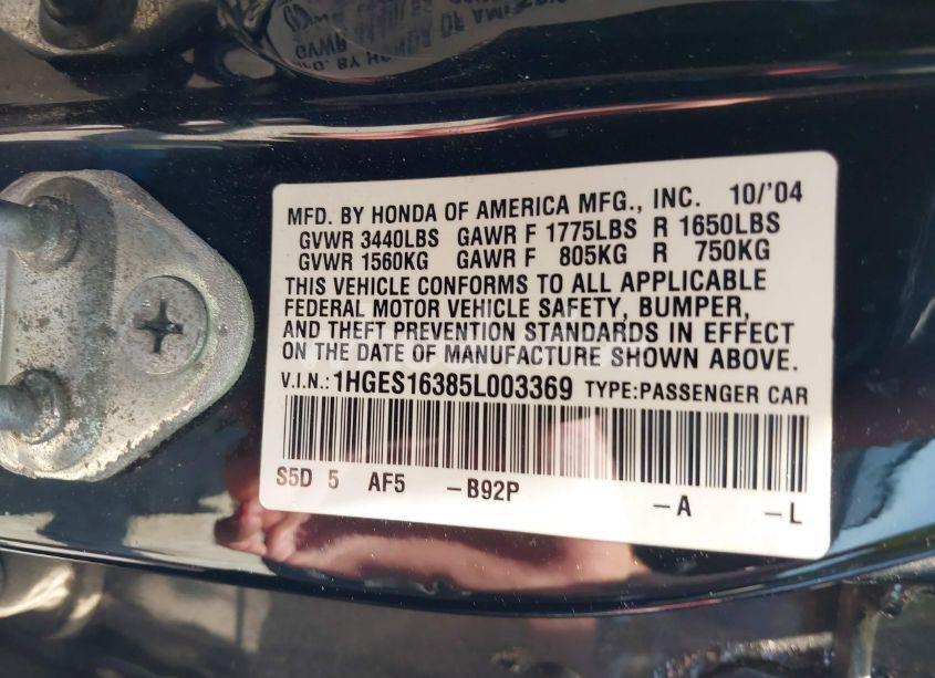 Photo 9 of 2005 Honda Civic VP (VIN 1HGES16385L003369)