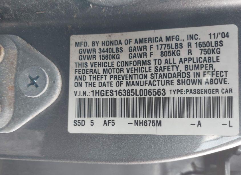 Photo 9 of 2005 Honda Civic VP (VIN 1HGES16385L006563)