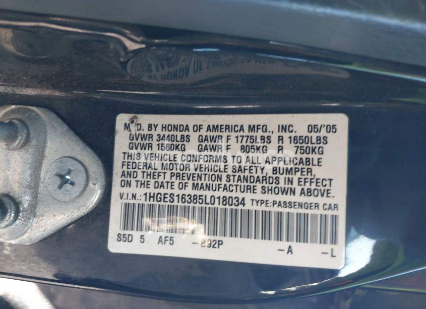 Photo 9 of 2005 Honda Civic VP (VIN 1HGES16385L018034)