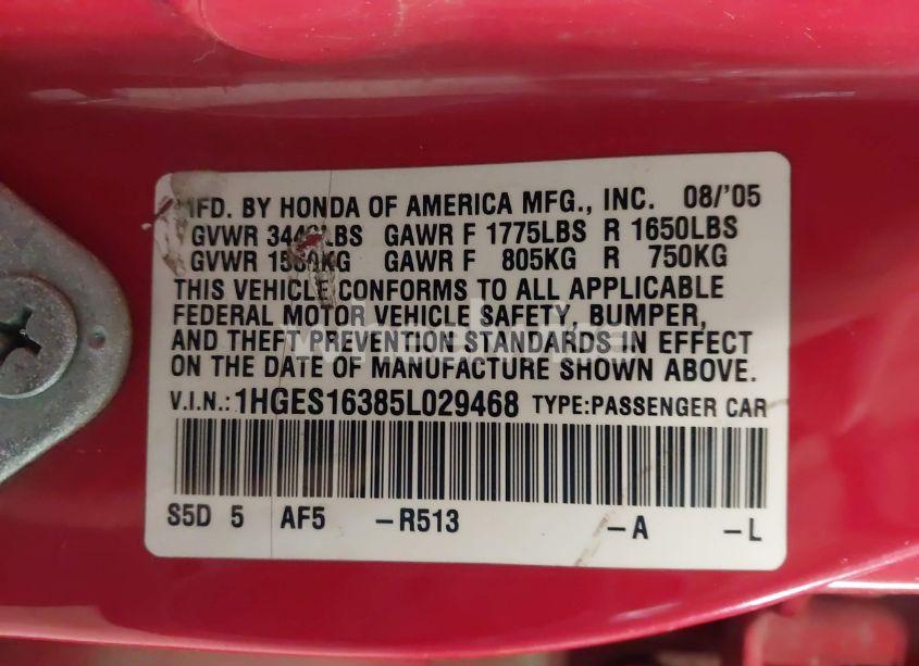 Photo 9 of 2005 Honda Civic VP (VIN 1HGES16385L029468)