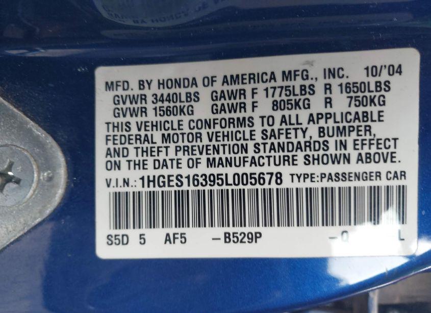 Photo 9 of 2005 Honda Civic VP (VIN 1HGES16395L005678)