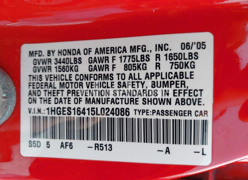 Photo 9 of 2005 Honda Civic VP (VIN 1HGES16415L024086)