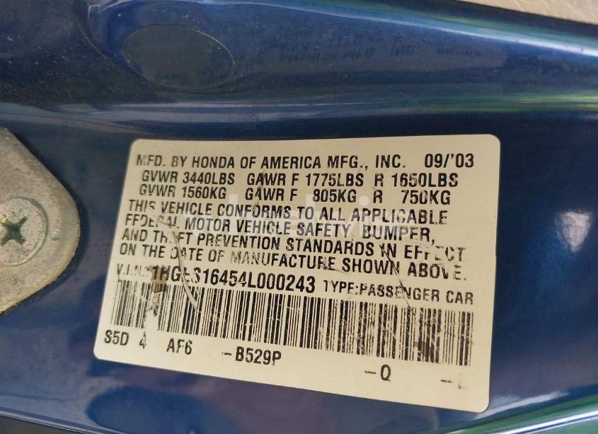 Photo 9 of 2004 Honda Civic VP (VIN 1HGES16454L000243)