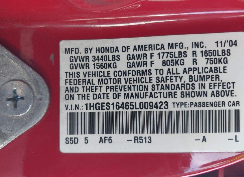 Photo 9 of 2005 Honda Civic VP (VIN 1HGES16465L009423)
