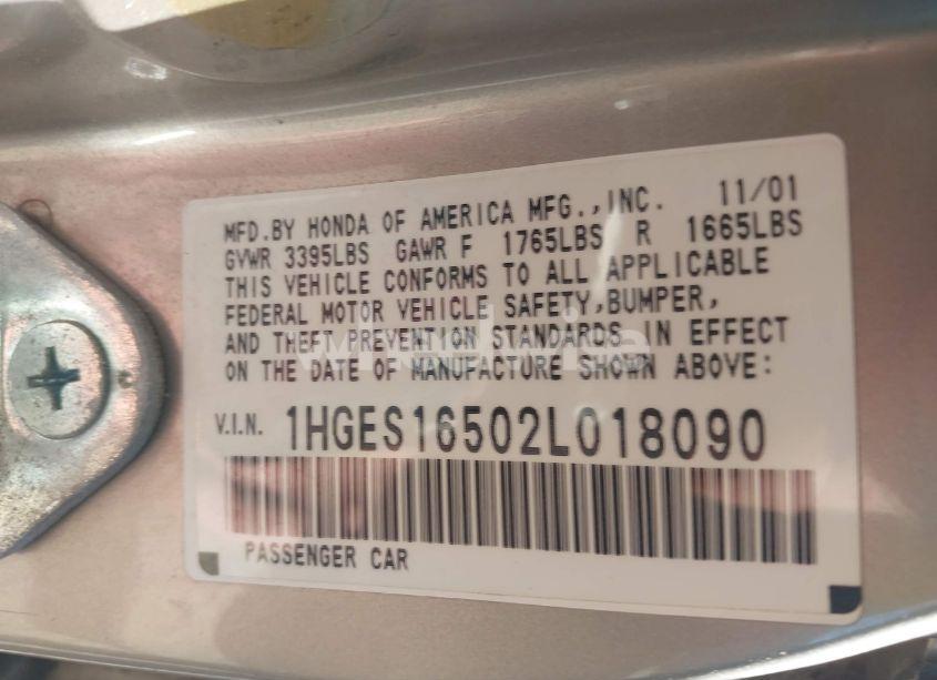 Photo 9 of 2002 Honda Civic LX (VIN 1HGES16502L018090)