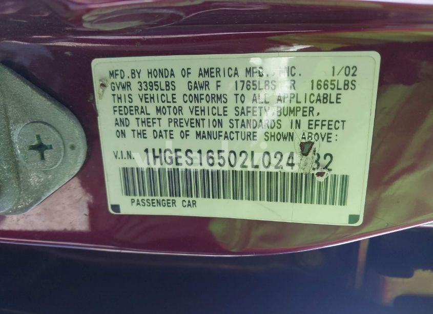 Photo 9 of 2002 Honda Civic LX (VIN 1HGES16502L024682)