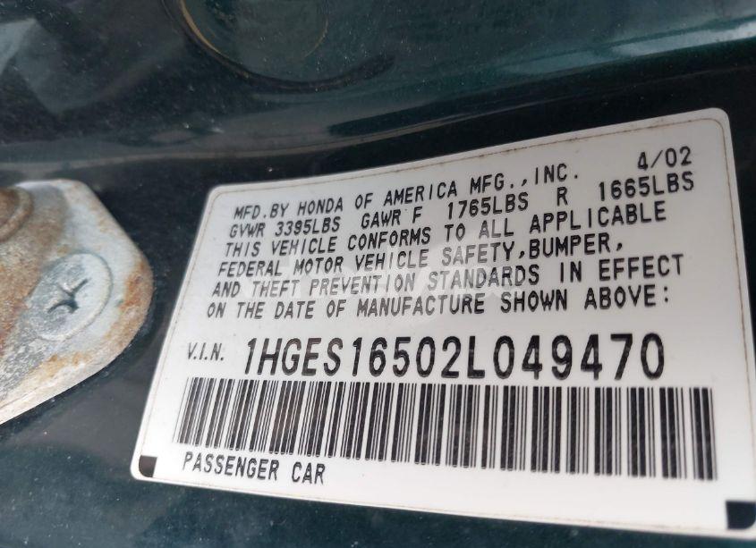 Photo 9 of 2002 Honda Civic LX (VIN 1HGES16502L049470)