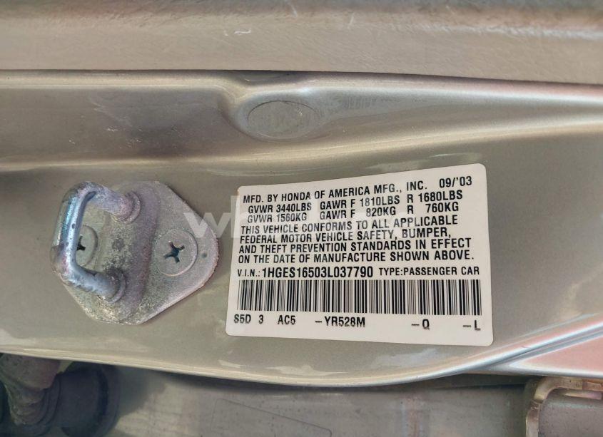 Photo 9 of 2003 Honda Civic LX (VIN 1HGES16503L037790)