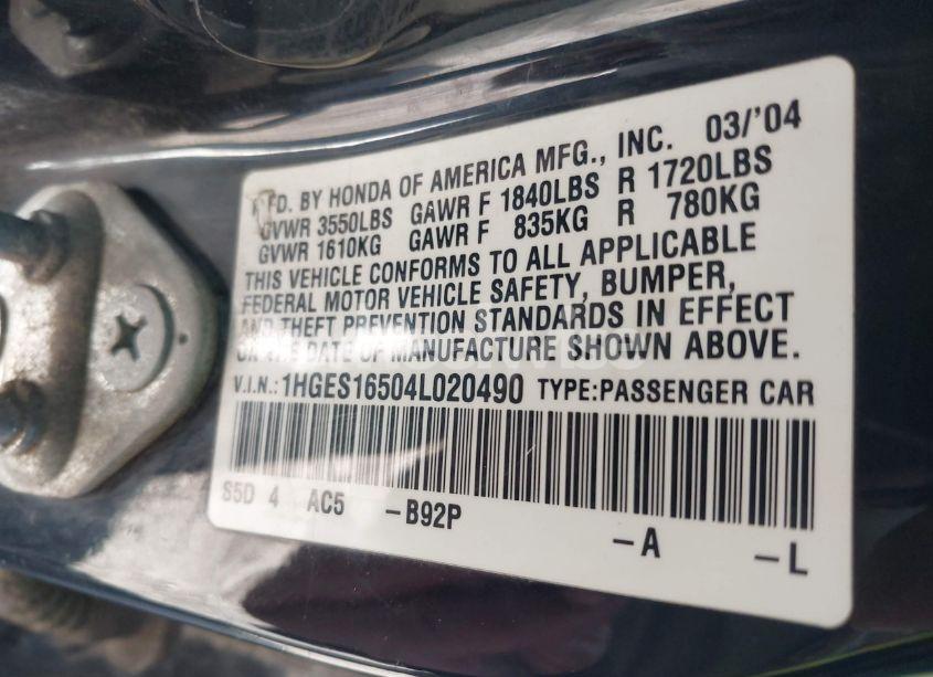 Photo 9 of 2004 Honda Civic LX (VIN 1HGES16504L020490)