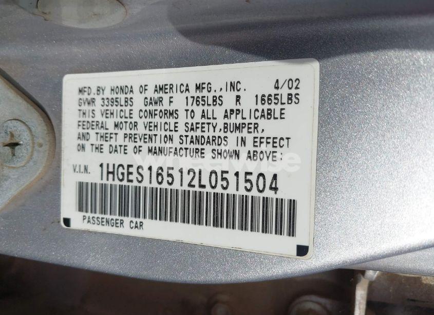 Photo 9 of 2002 Honda Civic LX (VIN 1HGES16512L051504)