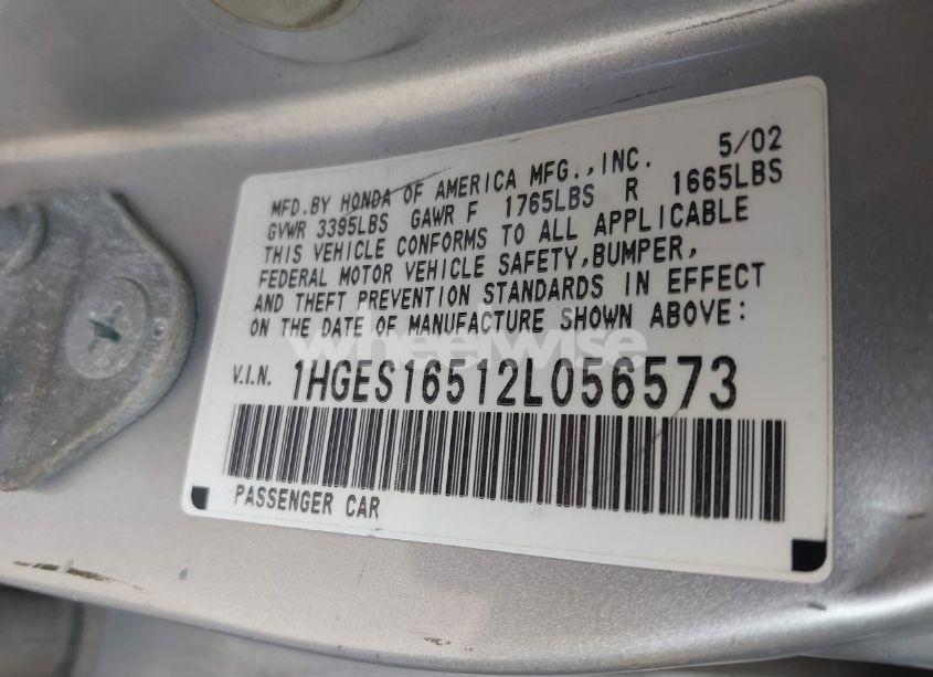 Photo 9 of 2002 Honda Civic LX (VIN 1HGES16512L056573)