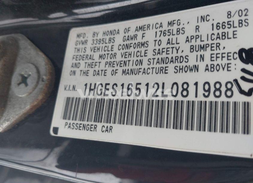 Photo 9 of 2002 Honda Civic LX (VIN 1HGES16512L081988)