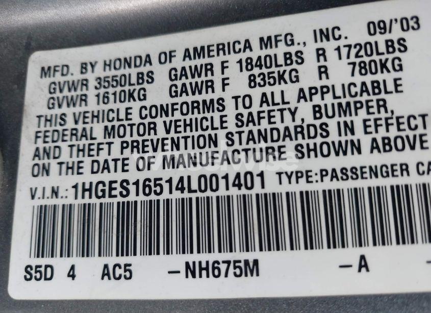 Photo 9 of 2004 Honda Civic LX (VIN 1HGES16514L001401)