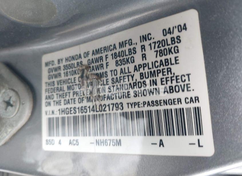 Photo 9 of 2004 Honda Civic LX (VIN 1HGES16514L021793)