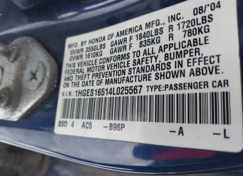 Photo 9 of 2004 Honda Civic LX (VIN 1HGES16514L025567)