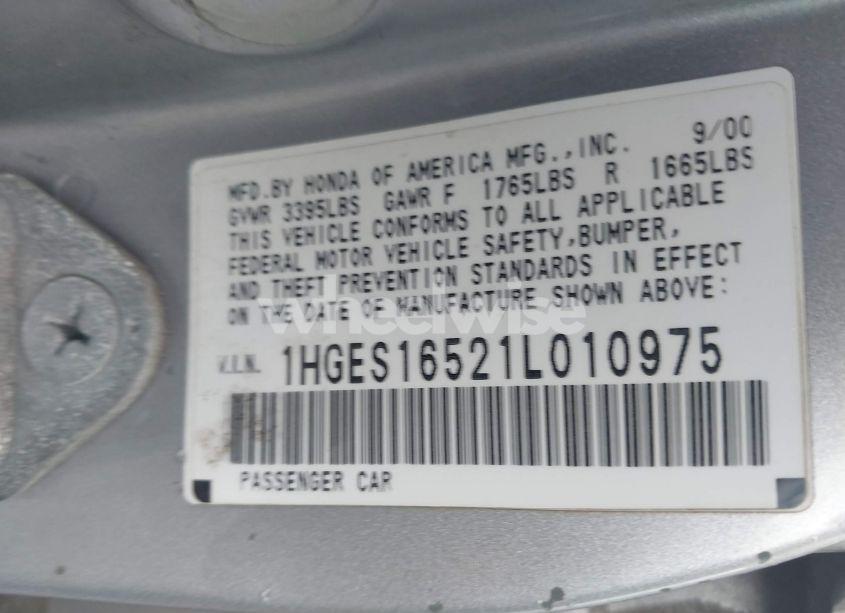 Photo 9 of 2001 Honda Civic LX (VIN 1HGES16521L010975)