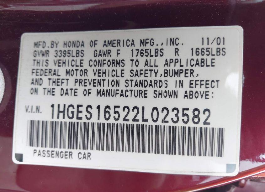 Photo 9 of 2002 Honda Civic LX (VIN 1HGES16522L023582)
