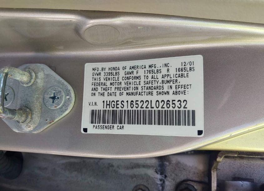 Photo 9 of 2002 Honda Civic LX (VIN 1HGES16522L026532)