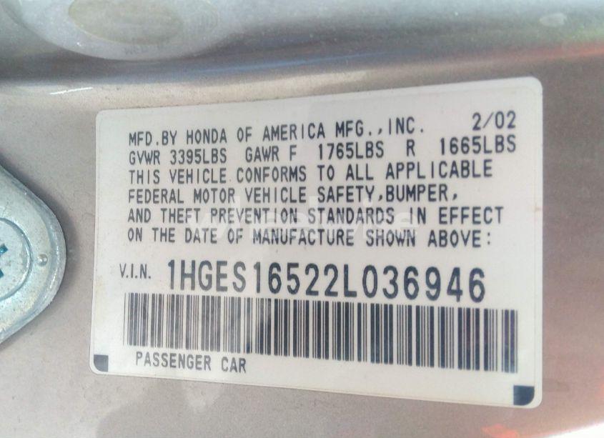 Photo 9 of 2002 Honda Civic LX (VIN 1HGES16522L036946)