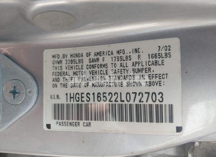 Photo 9 of 2002 Honda Civic LX (VIN 1HGES16522L072703)